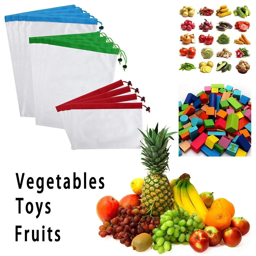 12Pcs Reusable Produce Storage Bags Washable Mesh Bag Grocery Shopping Bag for Fruit/Vegetable - 3 Various Sizes