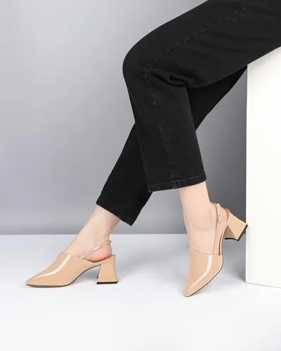 AUMOTED Women Dating Block Mid Heels Slingback Heel Pumps Pointed Toe Solid Chunky Pumps Party 2.5 Inch Dress Shoes Patent Leather Wave US Size 8.5