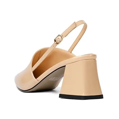 AUMOTED Women Dating Block Mid Heels Slingback Heel Pumps Pointed Toe Solid Chunky Pumps Party 2.5 Inch Dress Shoes Patent Leather Wave US Size 8.5