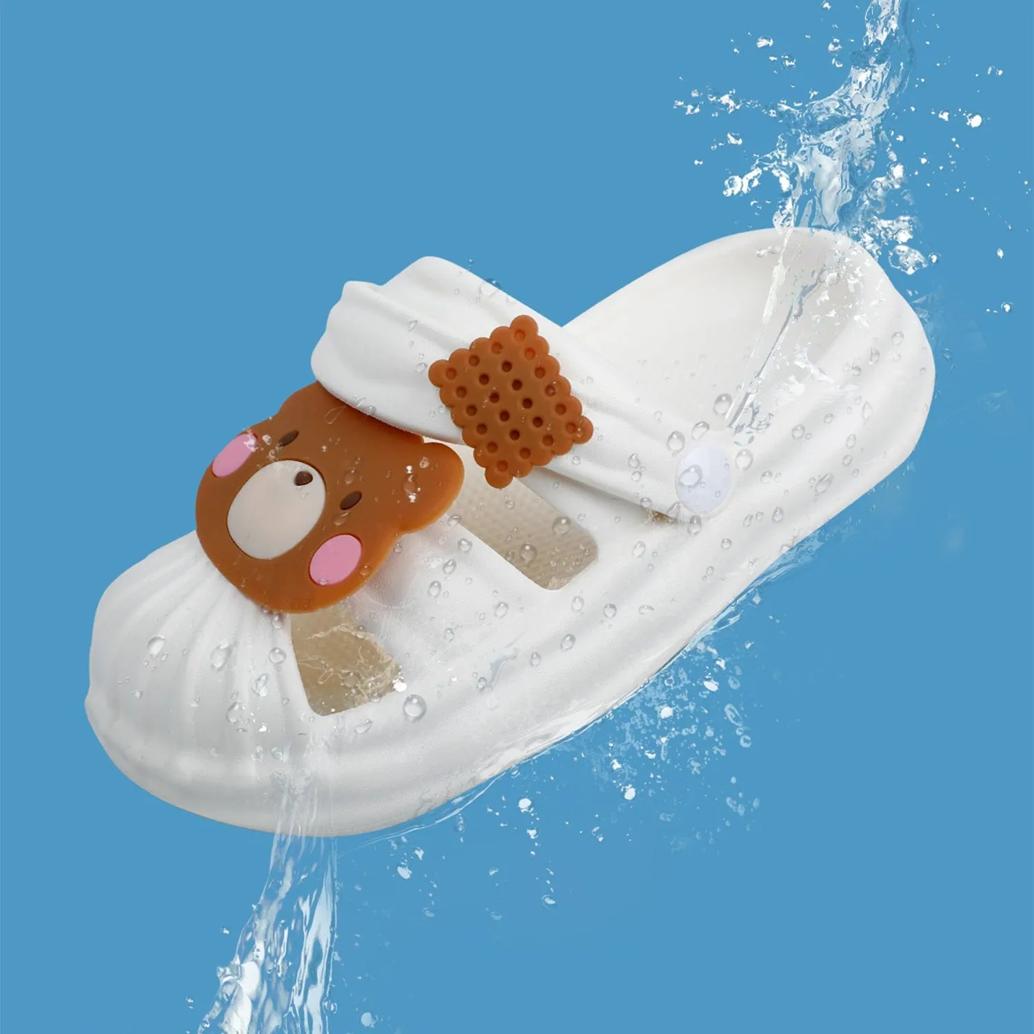 Baby Moo Teddy Bear Applique Waterproof Anti-Skid Sling Back Clogs - White