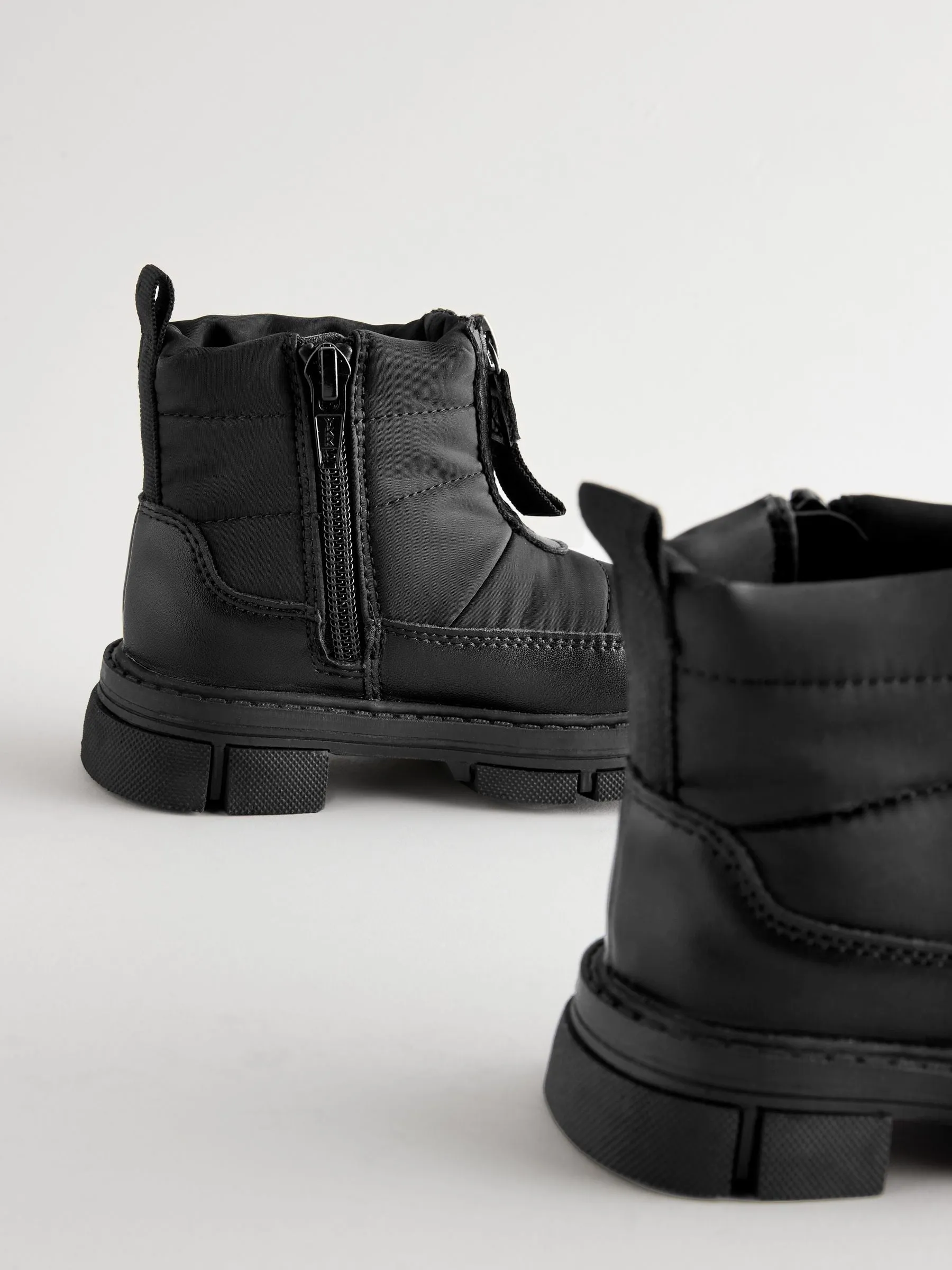 Black Chunky Quilted Zip Front Boots