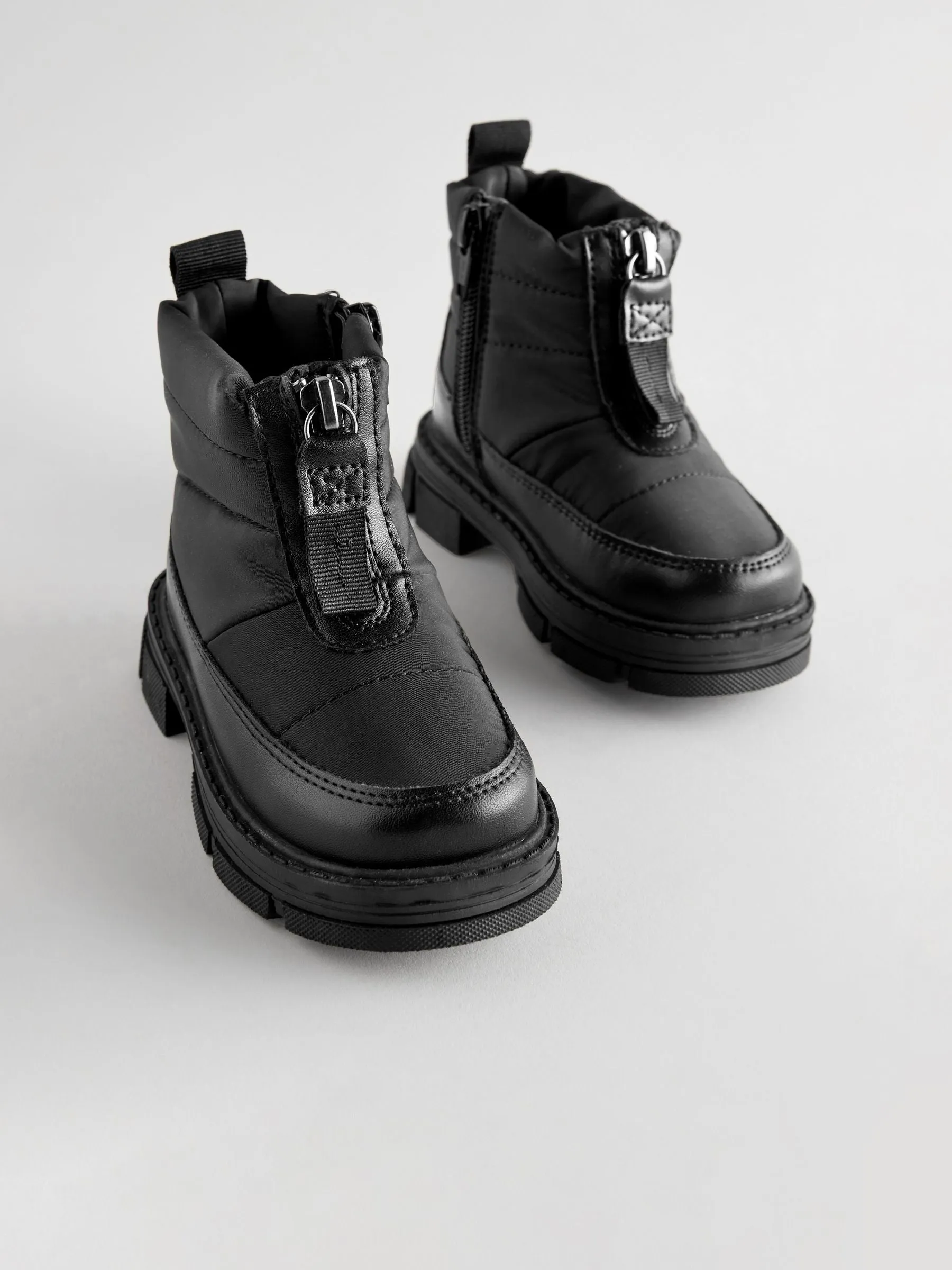 Black Chunky Quilted Zip Front Boots