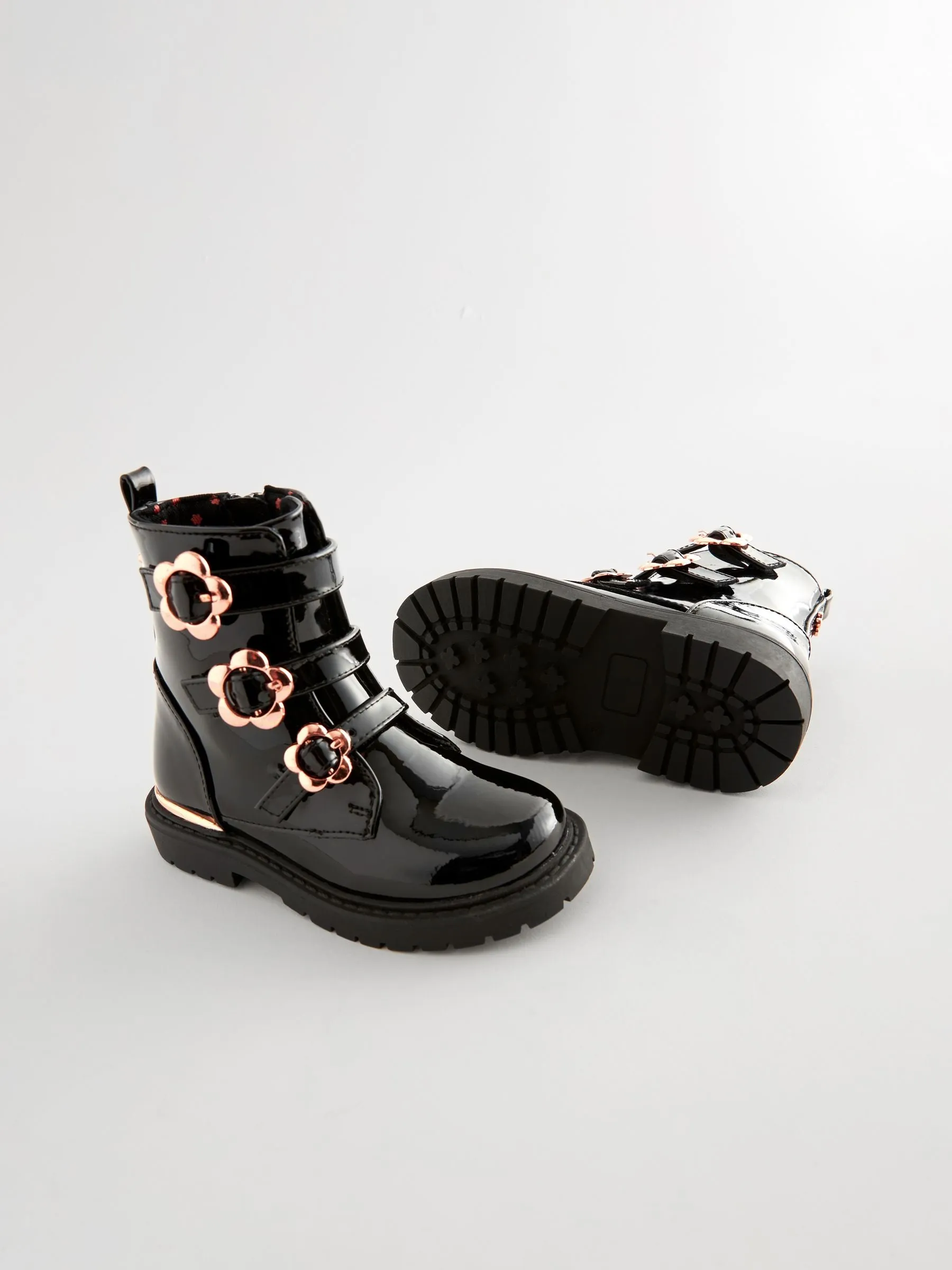Black Patent Floral Buckle Boots
