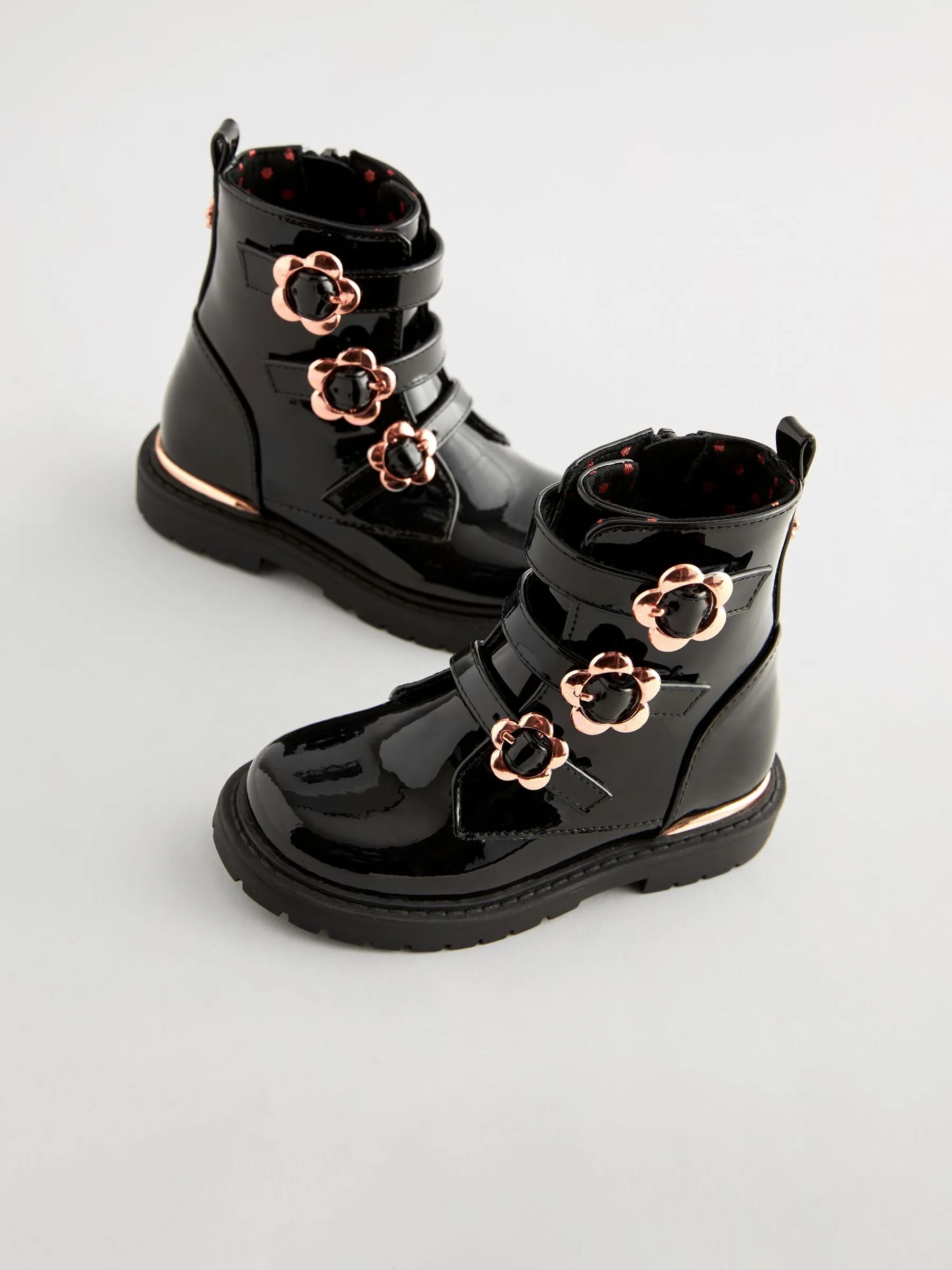 Black Patent Floral Buckle Boots