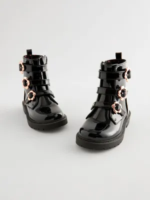 Black Patent Floral Buckle Boots