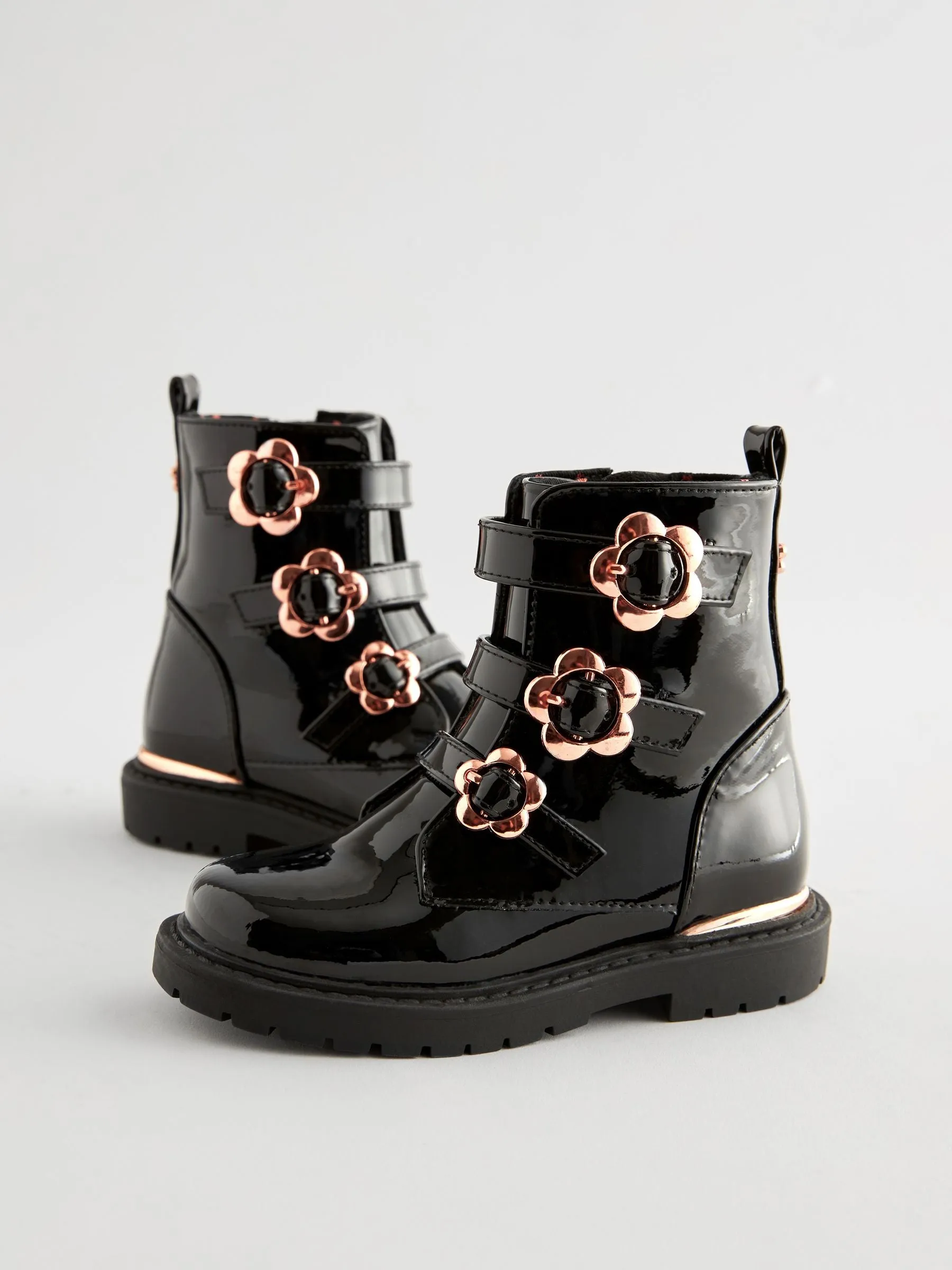 Black Patent Floral Buckle Boots