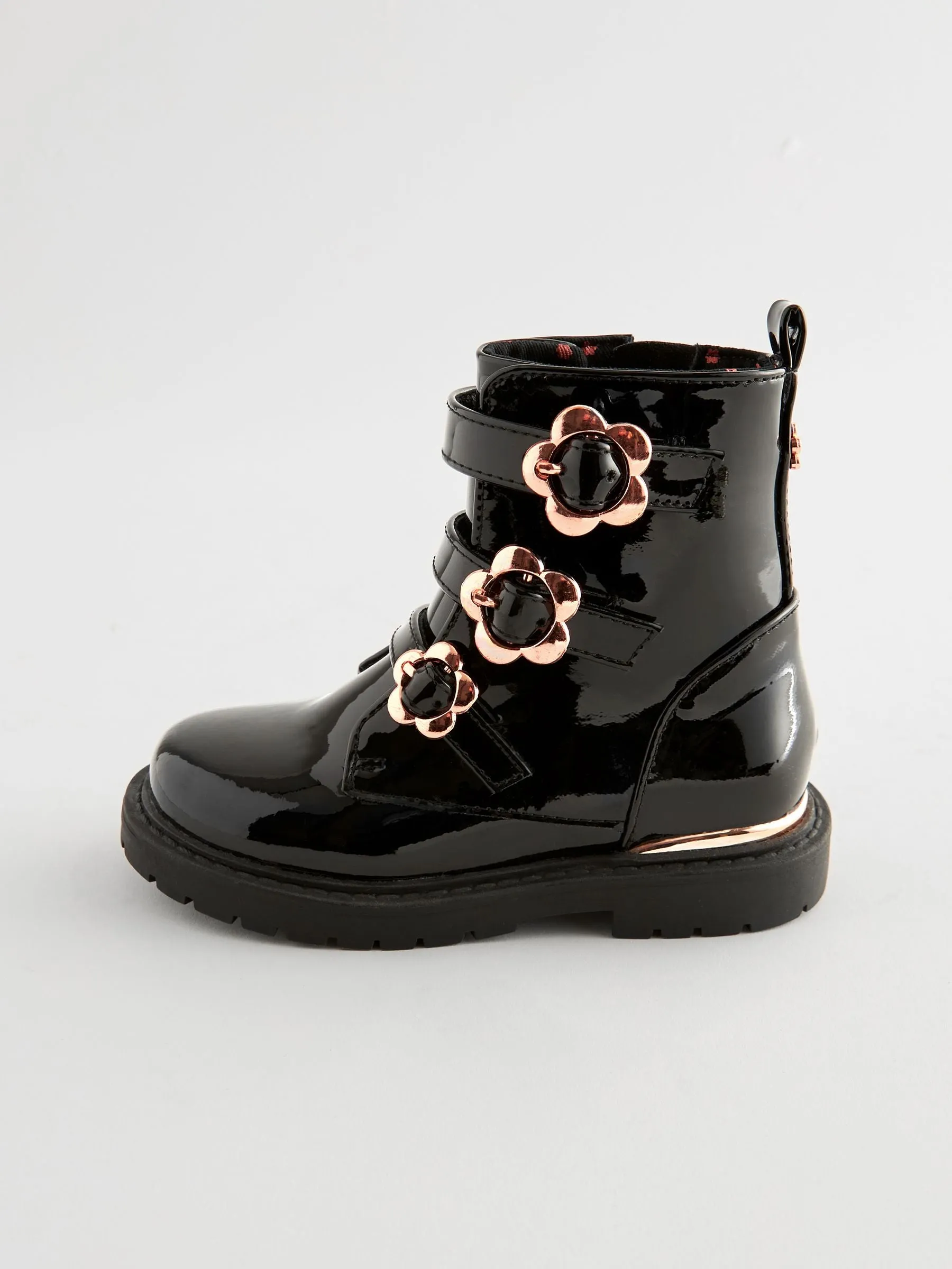 Black Patent Floral Buckle Boots