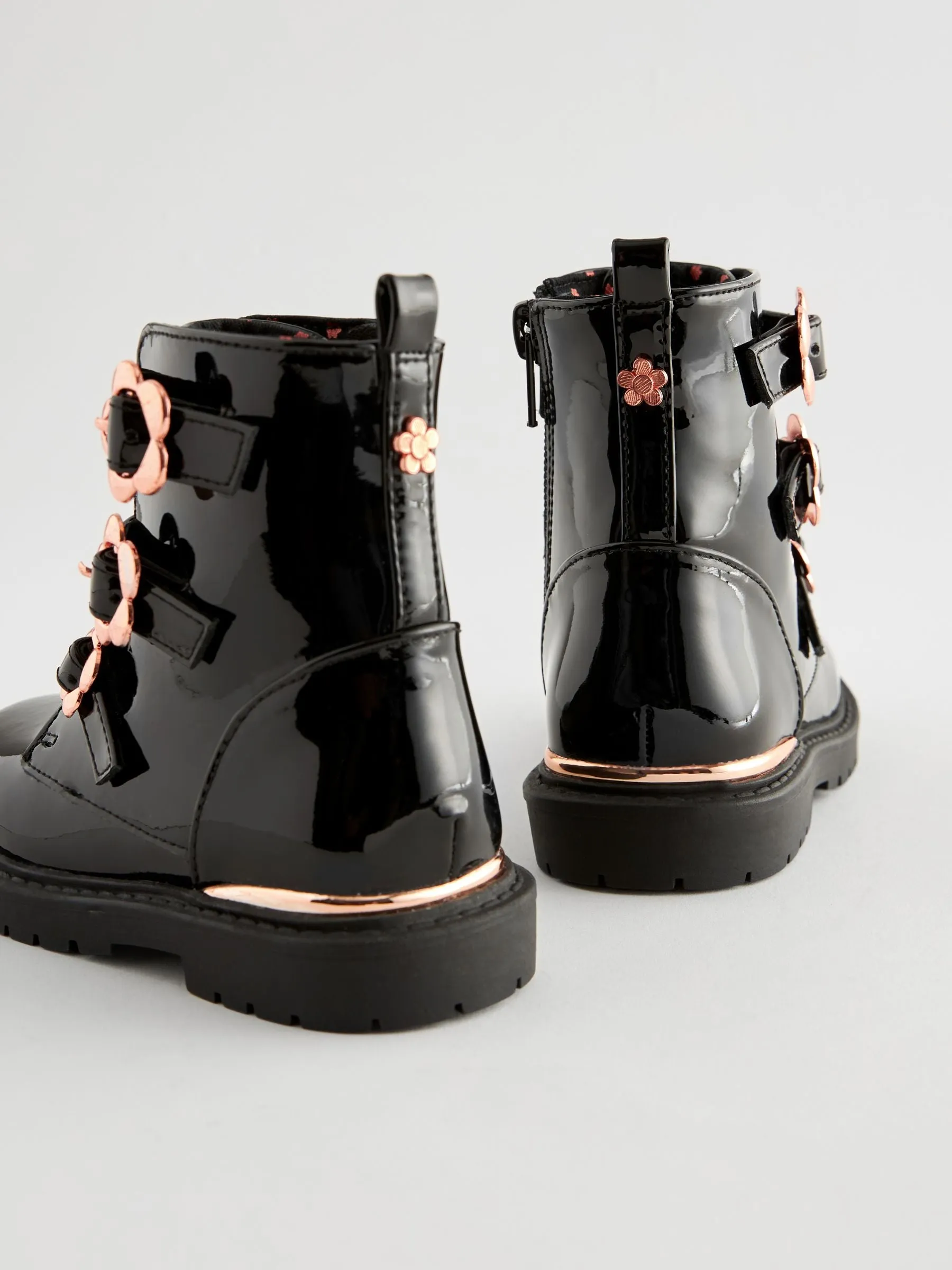 Black Patent Floral Buckle Boots