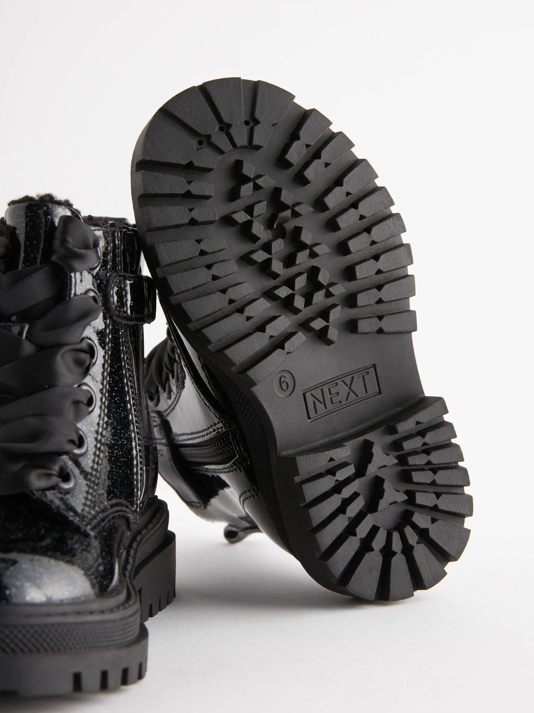 Black Patent Standard Fit (F) Chunky Lace-Up Ankle Boots