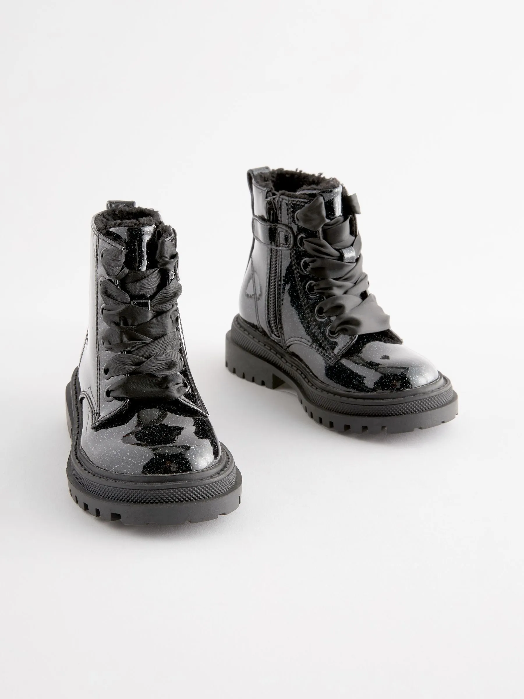 Black Patent Standard Fit (F) Chunky Lace-Up Ankle Boots
