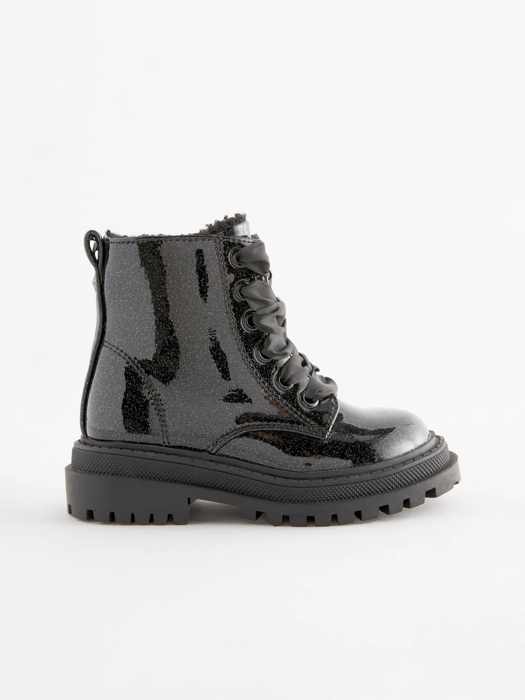 Black Patent Standard Fit (F) Chunky Lace-Up Ankle Boots