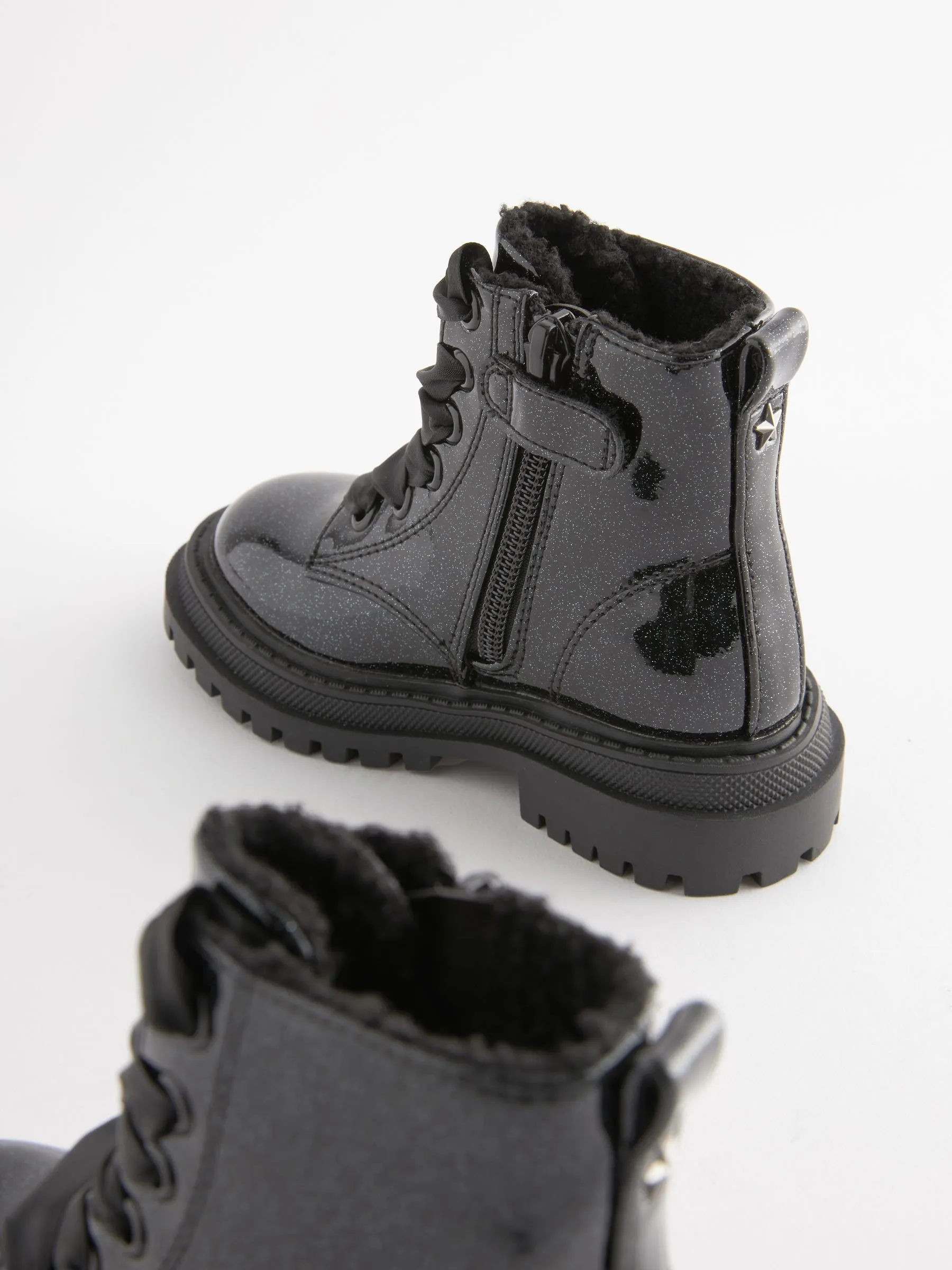 Black Patent Standard Fit (F) Chunky Lace-Up Ankle Boots
