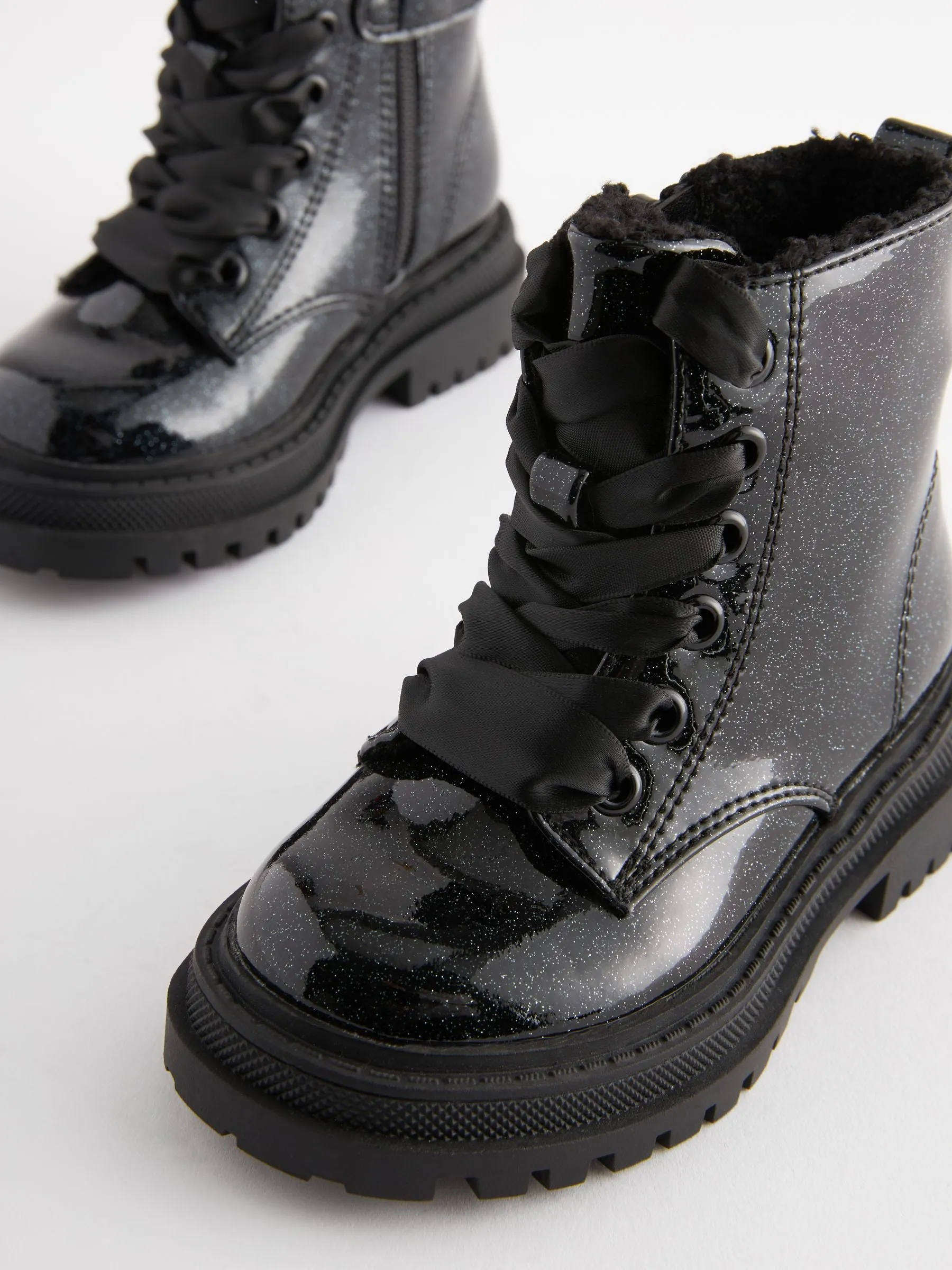 Black Patent Standard Fit (F) Chunky Lace-Up Ankle Boots
