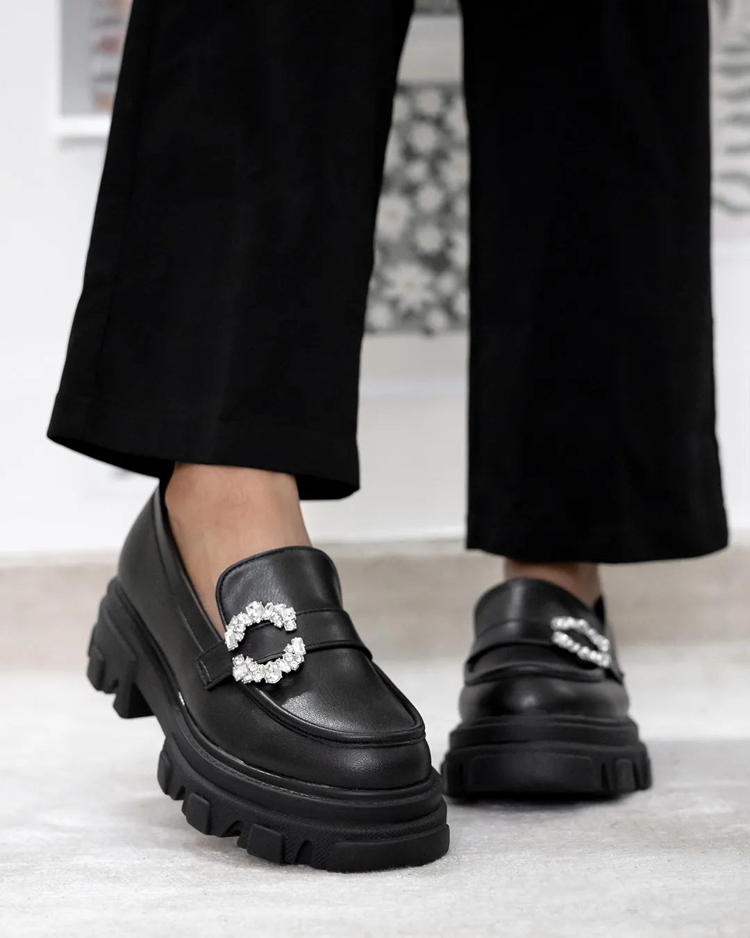 Buckle Embellished Black Chunky Loafers