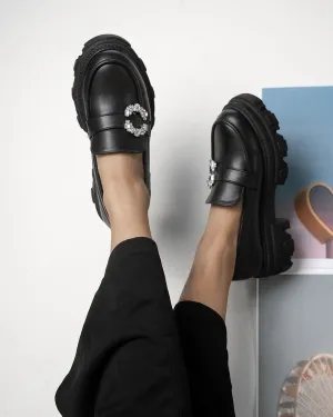 Buckle Embellished Black Chunky Loafers