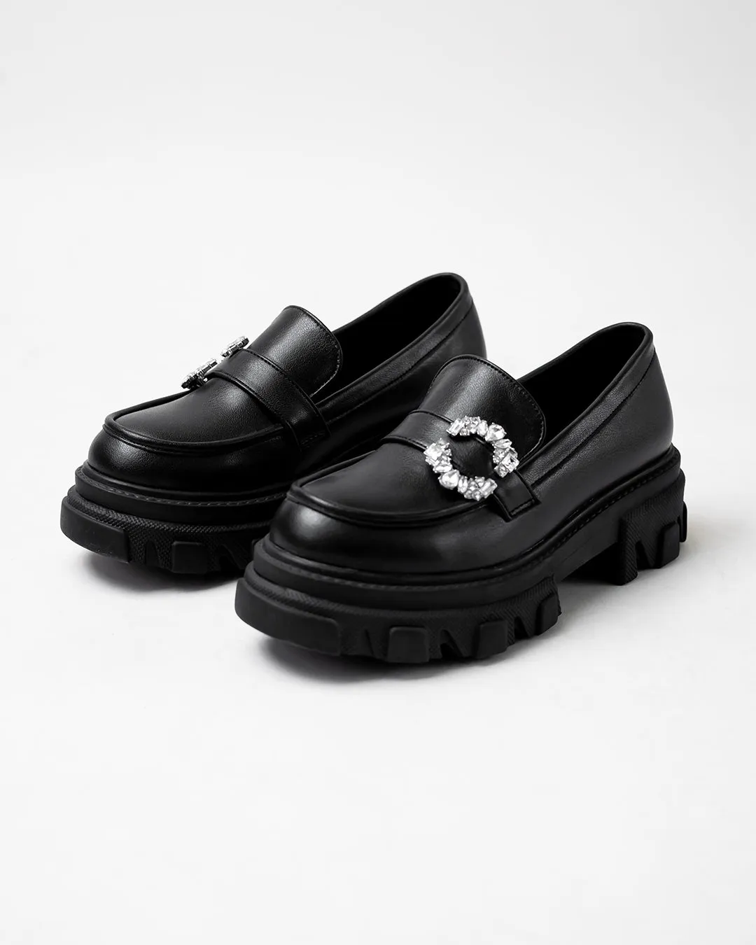 Buckle Embellished Black Chunky Loafers