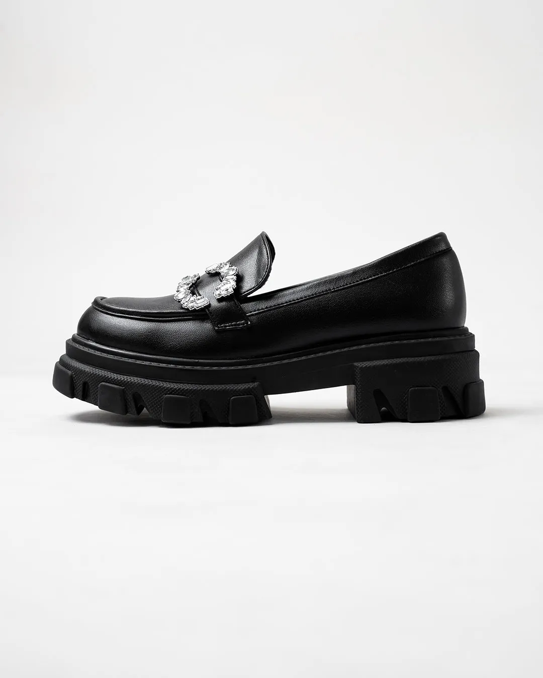 Buckle Embellished Black Chunky Loafers