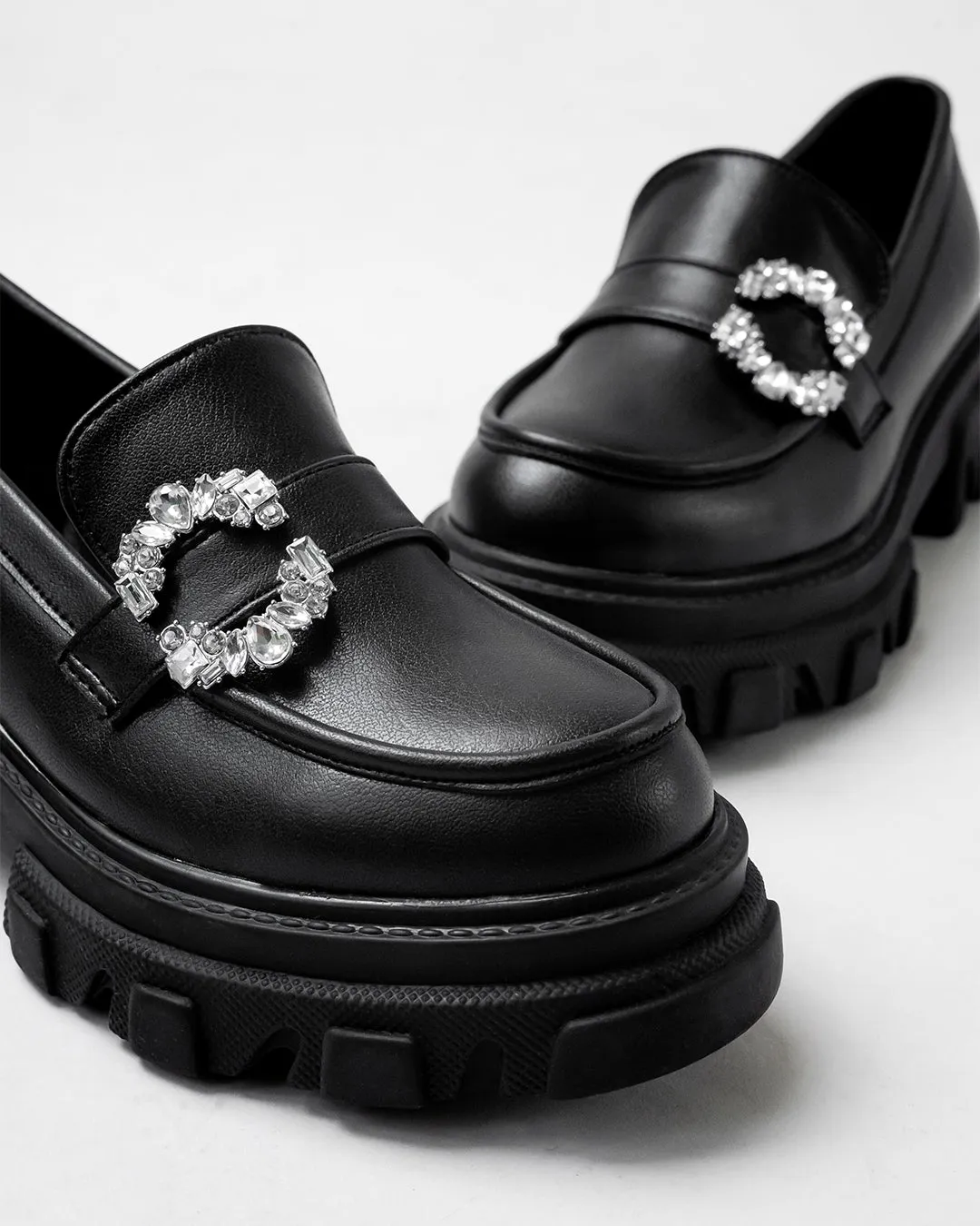 Buckle Embellished Black Chunky Loafers