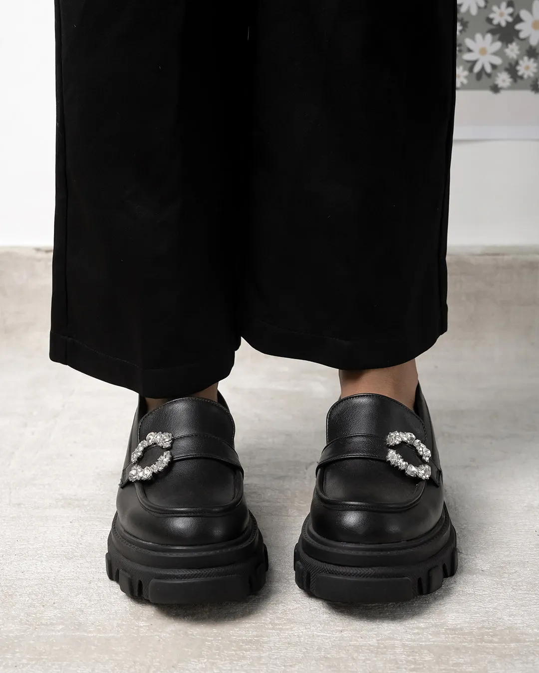 Buckle Embellished Black Chunky Loafers