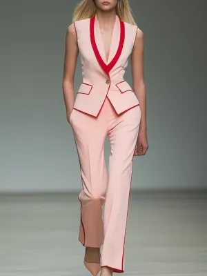 Classic Elegant Pink Hemming Suit Vest Trousers Set