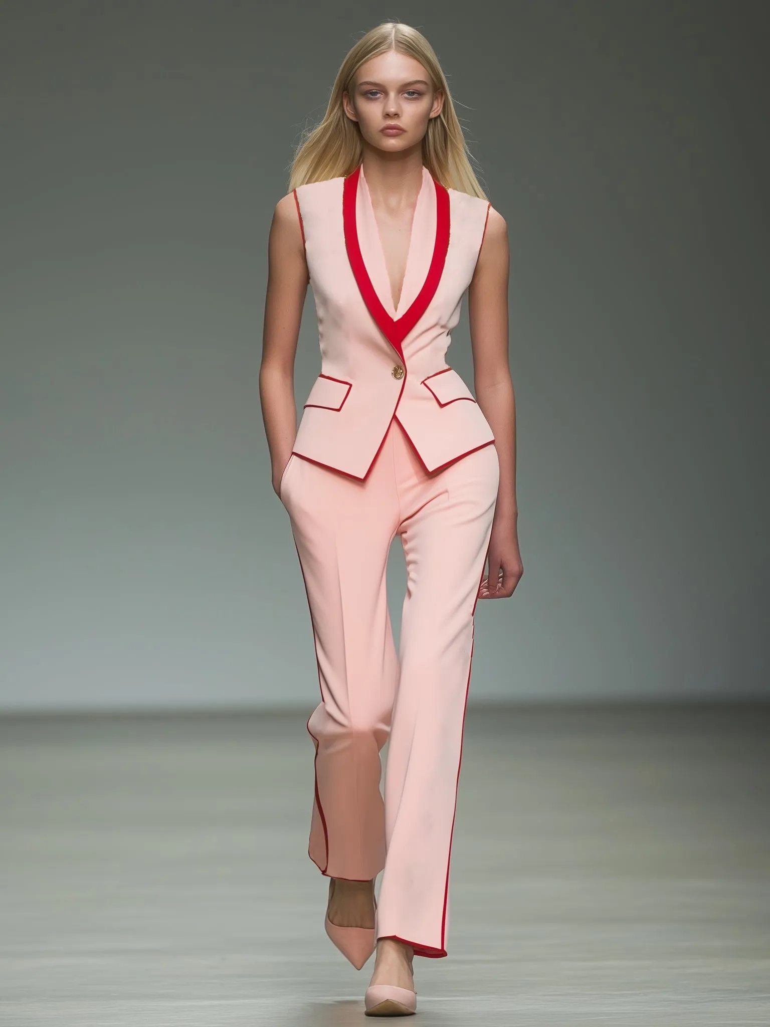 Classic Elegant Pink Hemming Suit Vest Trousers Set