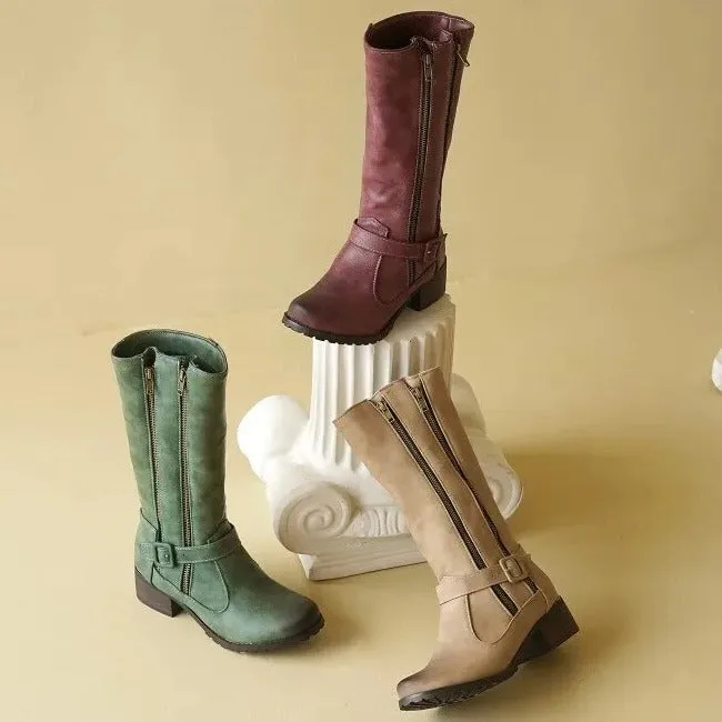DOUBLE ZIPPER MID-CALF BOOTS