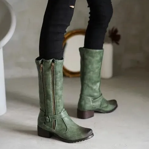 DOUBLE ZIPPER MID-CALF BOOTS