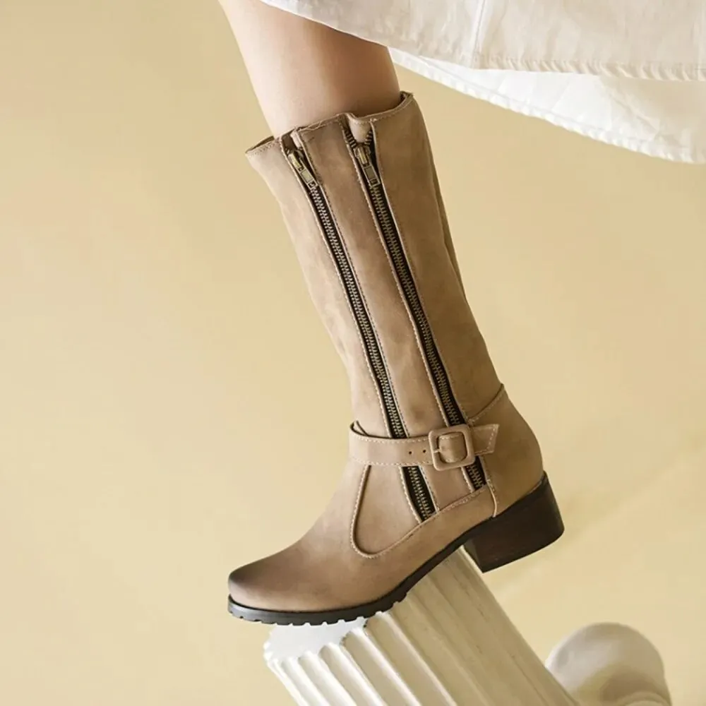 DOUBLE ZIPPER MID-CALF BOOTS