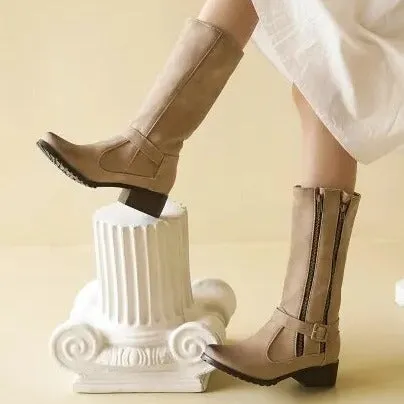 DOUBLE ZIPPER MID-CALF BOOTS