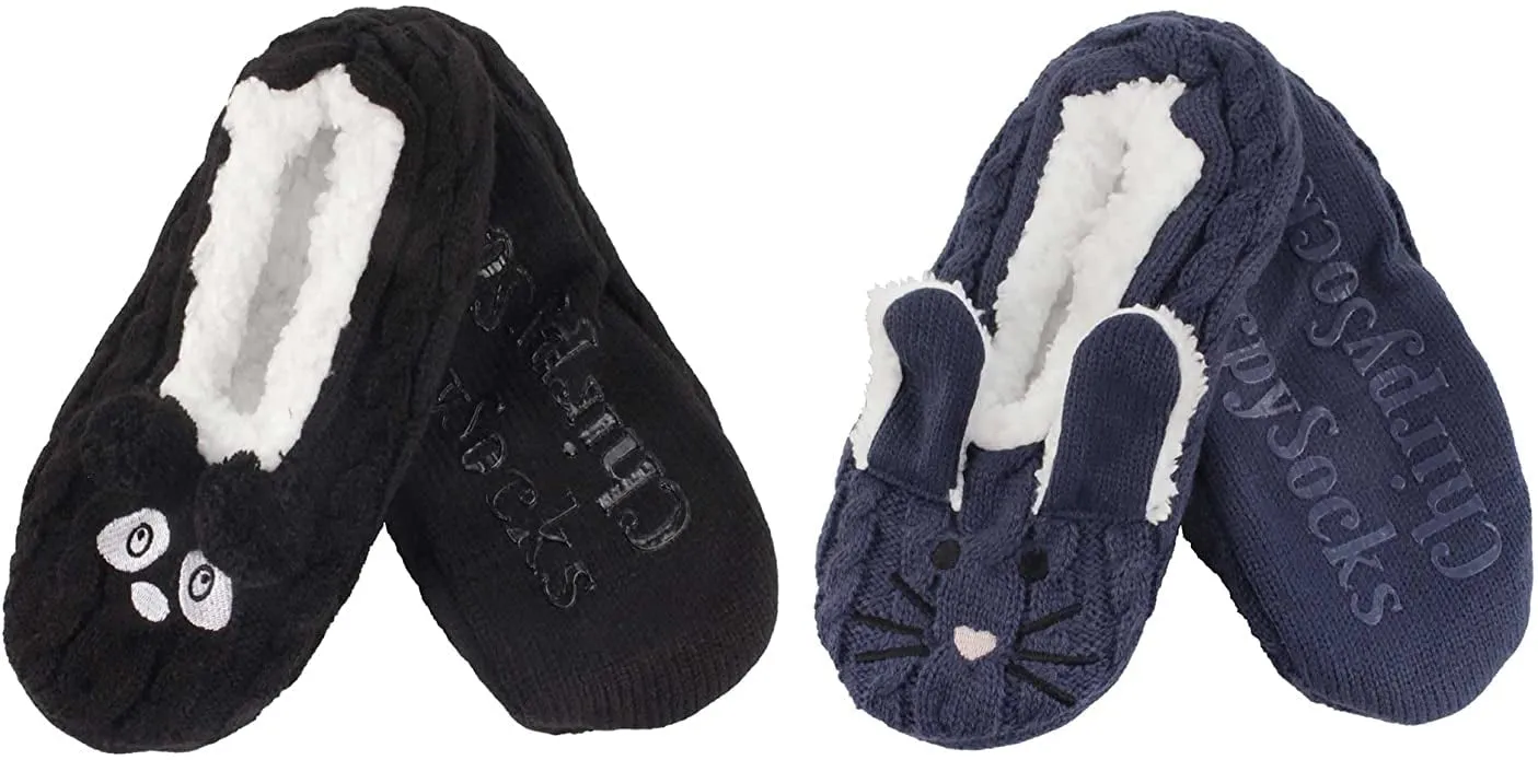 Fuzzy Animal Slippers - 2 Pair Pack