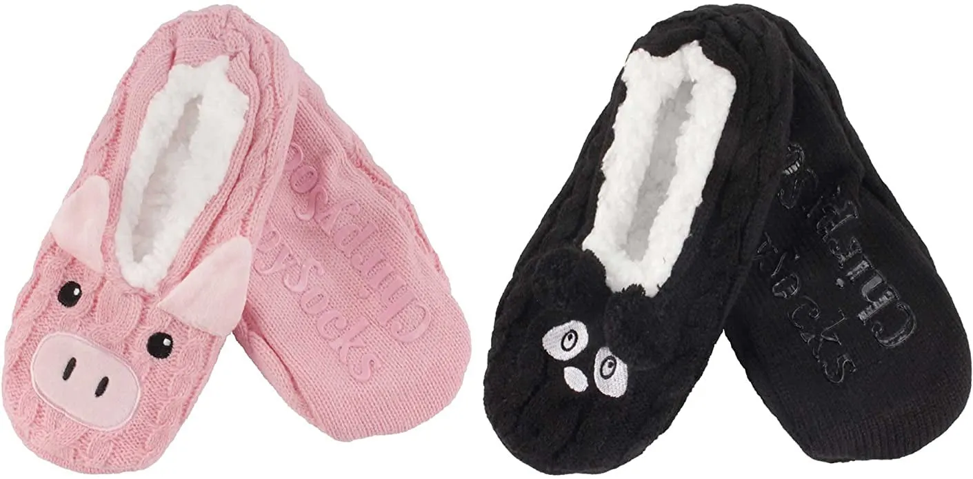 Fuzzy Animal Slippers - 2 Pair Pack
