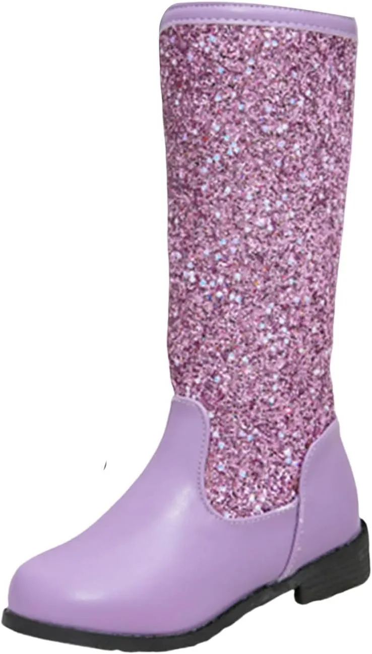 Girls Kids hinestone Mid Calf Riding Boots Sequin Fleece Plush Chunky Comfort Warm Lined Outdoor Casual Shoes