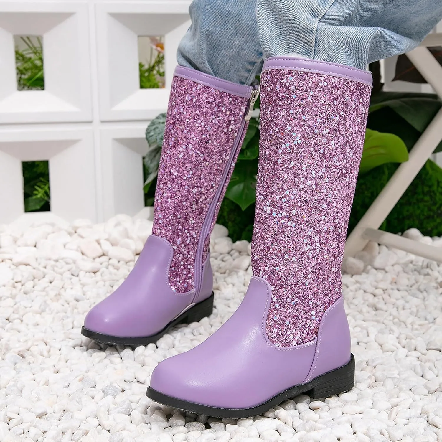 Girls Kids hinestone Mid Calf Riding Boots Sequin Fleece Plush Chunky Comfort Warm Lined Outdoor Casual Shoes