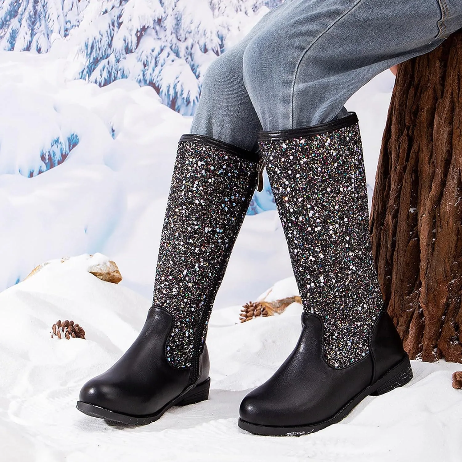 Girls Kids hinestone Mid Calf Riding Boots Sequin Fleece Plush Chunky Comfort Warm Lined Outdoor Casual Shoes