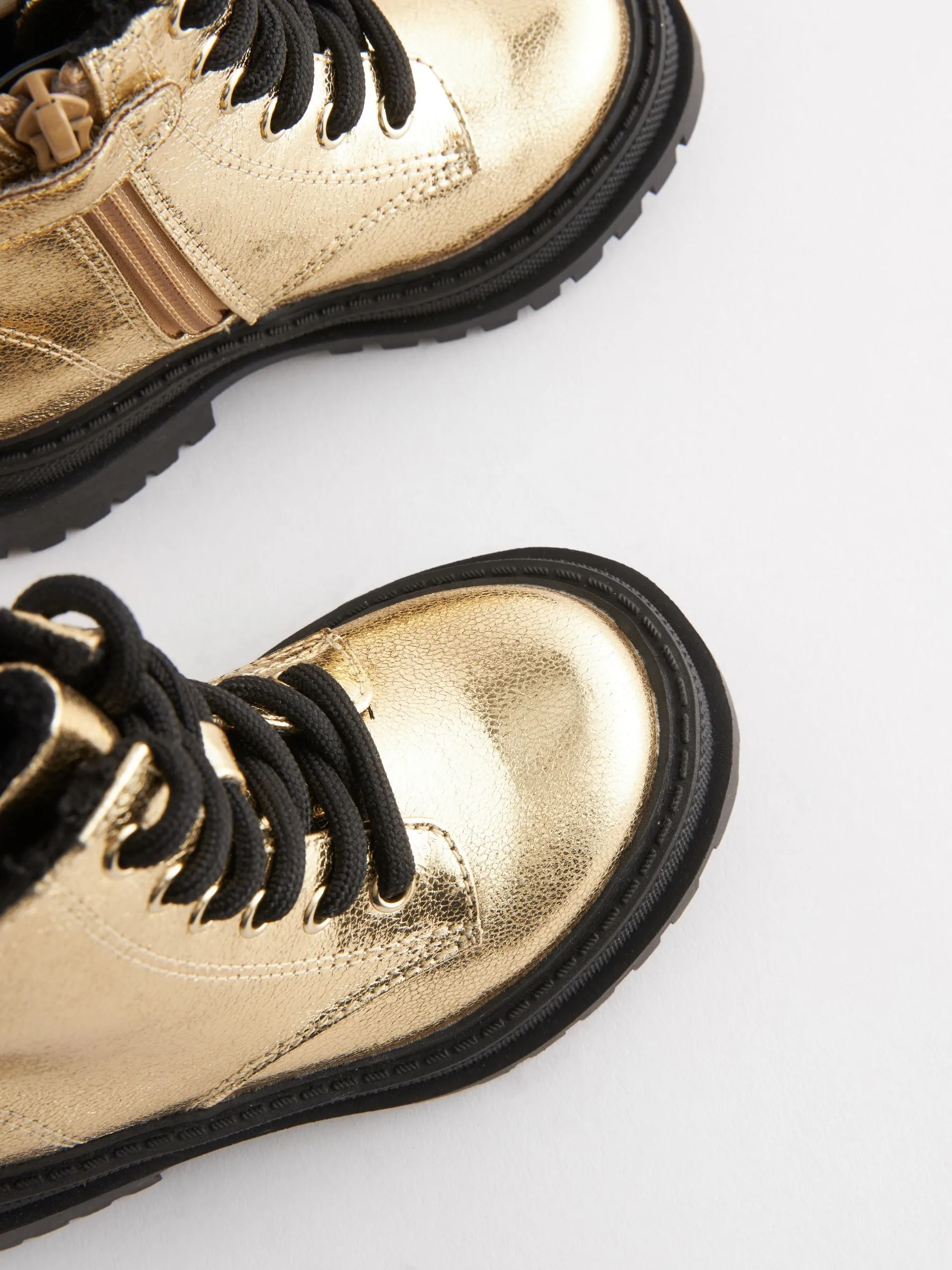 Gold Metallic Standard Fit (F) Chunky Lace-Up Ankle Boots