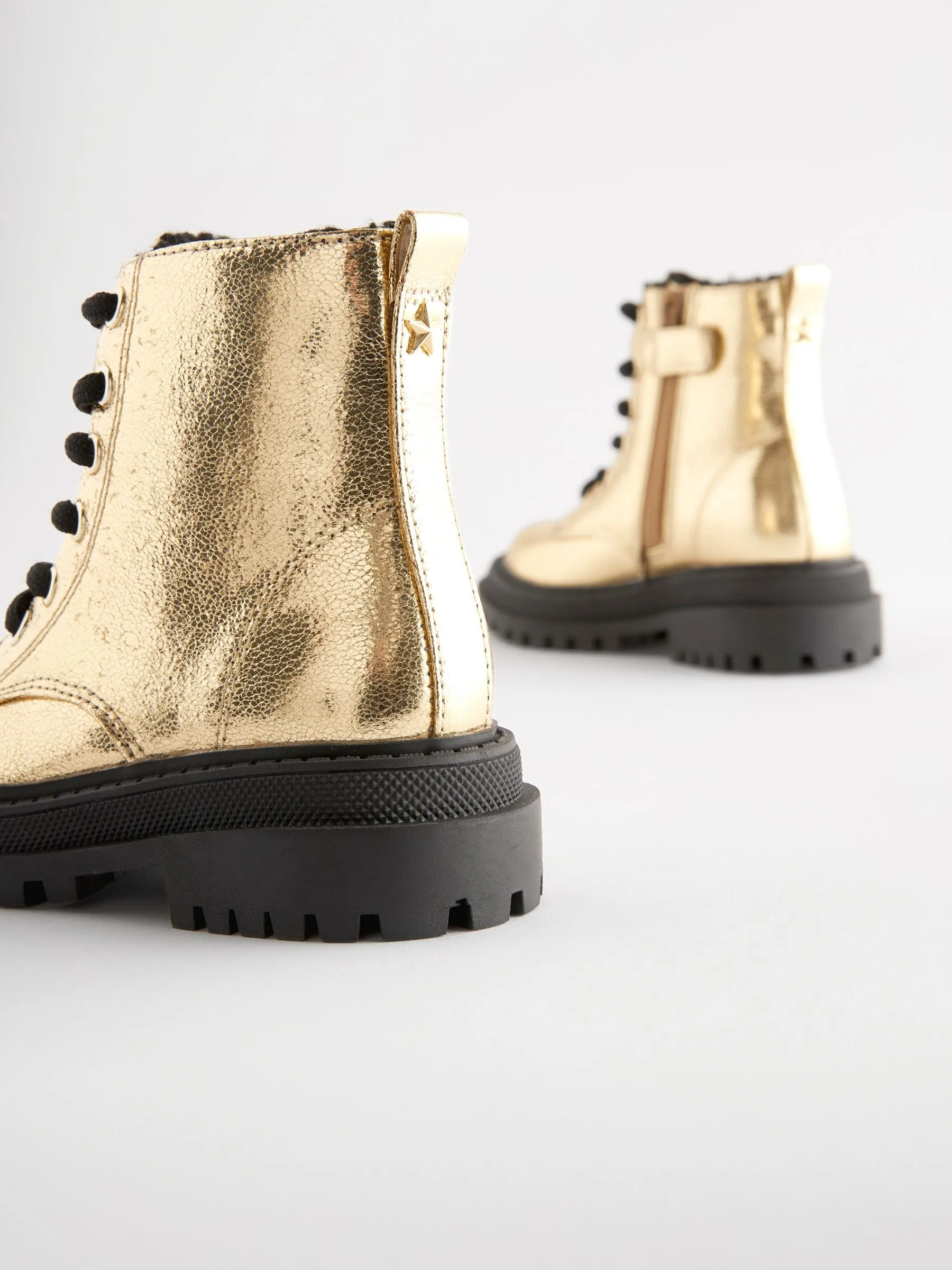 Gold Metallic Standard Fit (F) Chunky Lace-Up Ankle Boots