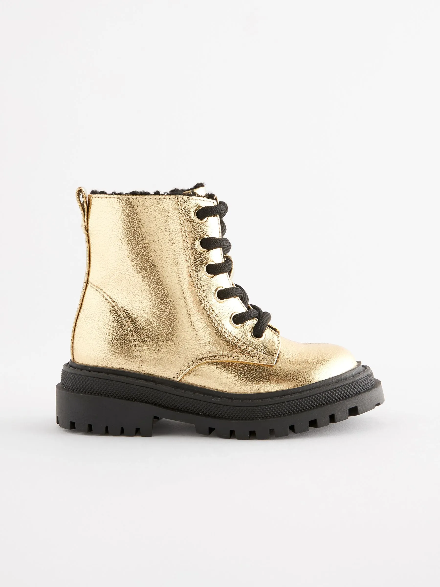 Gold Metallic Standard Fit (F) Chunky Lace-Up Ankle Boots