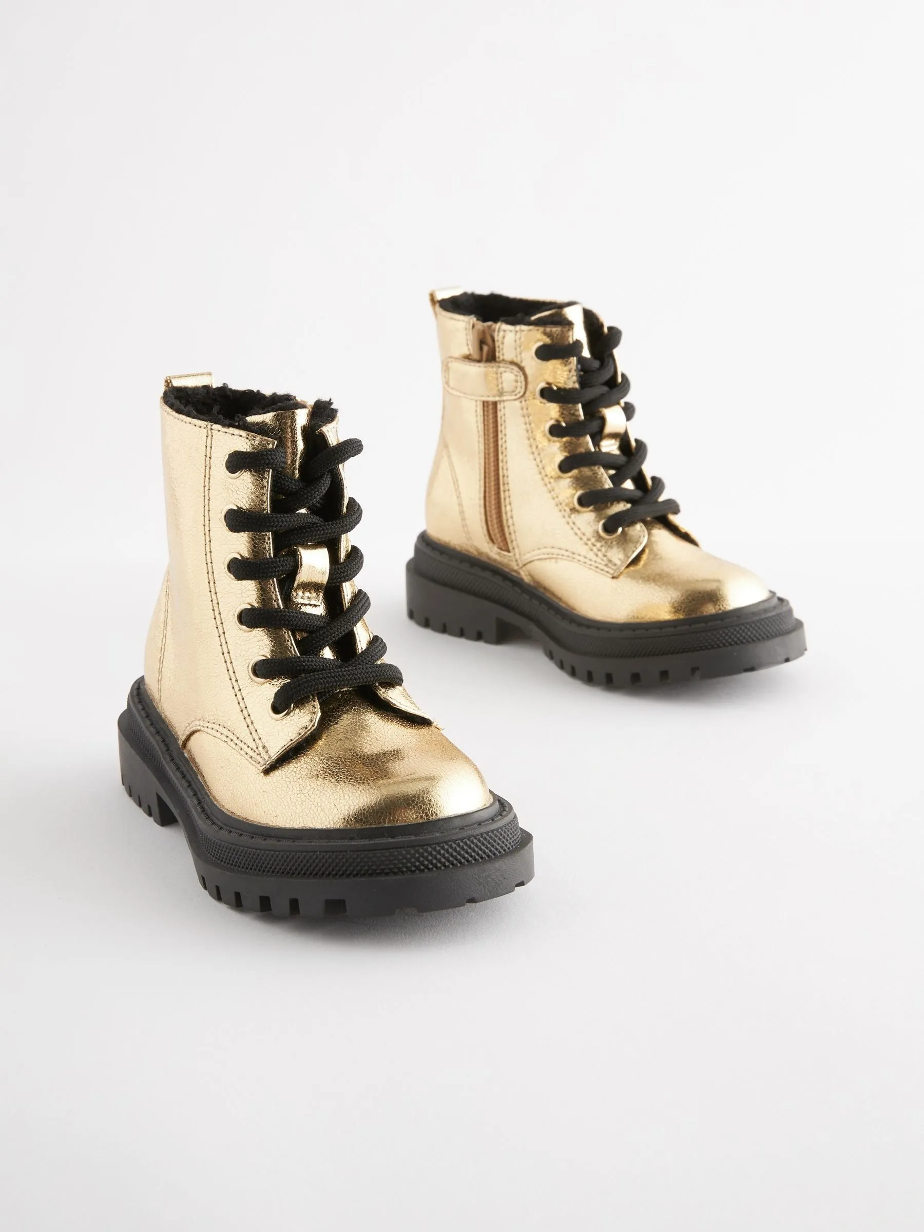Gold Metallic Standard Fit (F) Chunky Lace-Up Ankle Boots