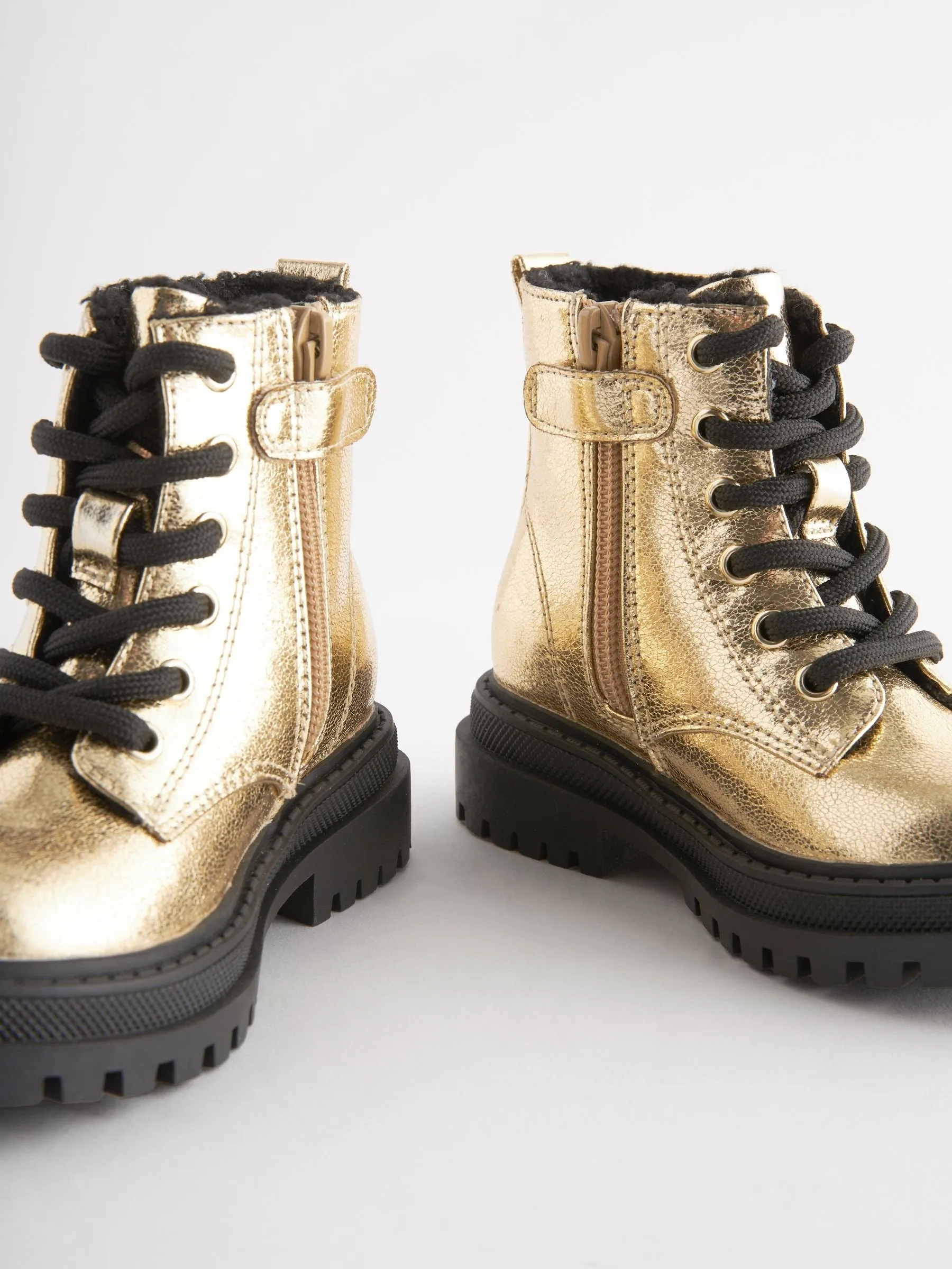 Gold Metallic Standard Fit (F) Chunky Lace-Up Ankle Boots