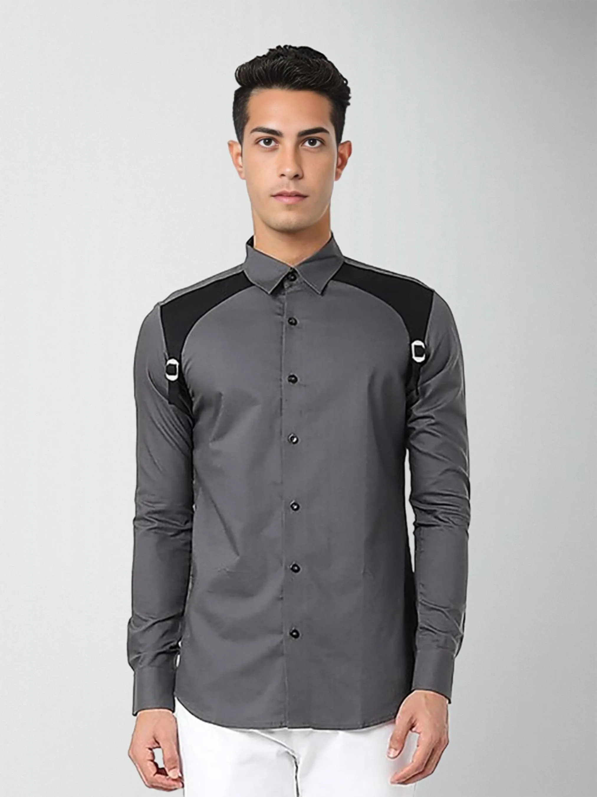Harness Style Spread Collar Cotton Casual Shirt