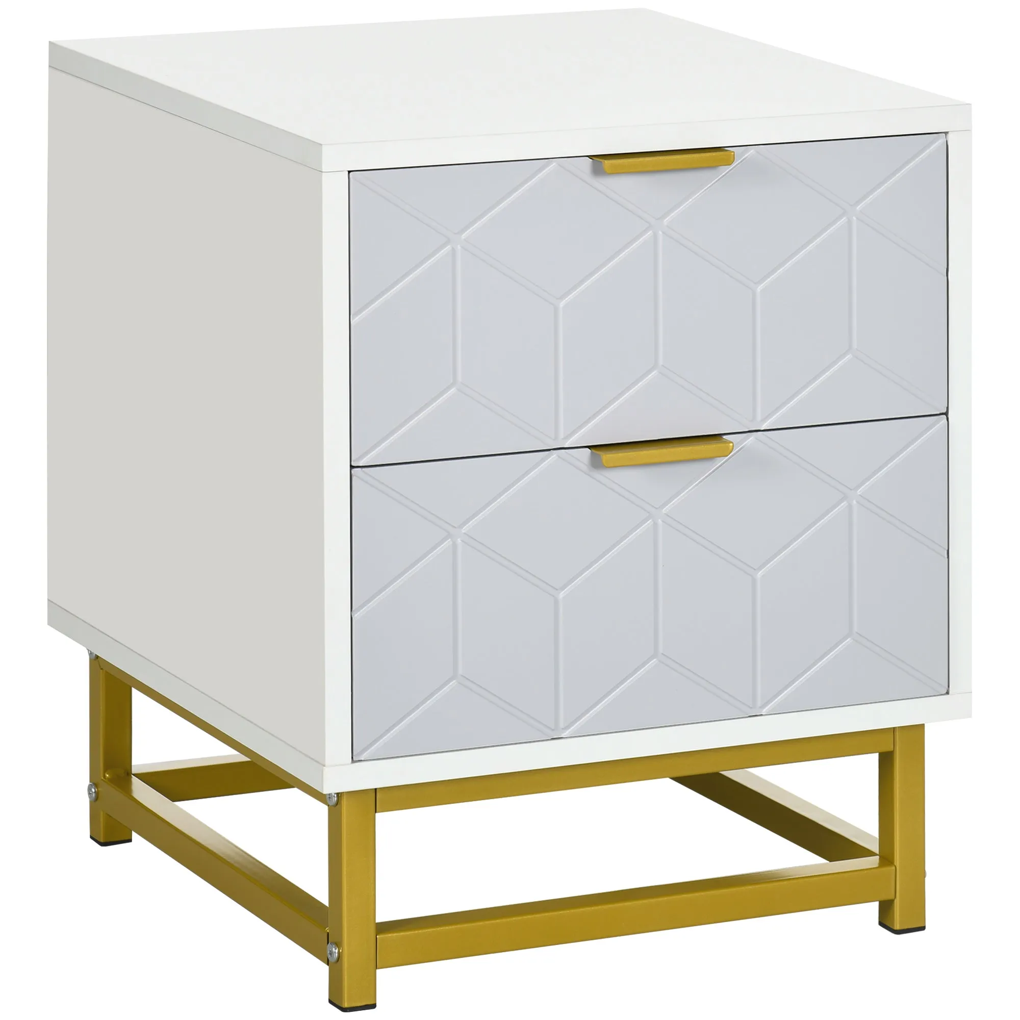 HOMCOM Bedside Table with 2 Drawers, Side Table, Bedside Cabinet with Steel Frame for Living Room, Bedroom, Grey and White