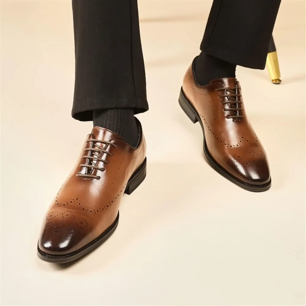 HOOENG Dress Shoes for Men Lace Up Burnished Plain Toe Brogue Embossed Leather Slip Resistant Rubber Sole Block Heel Prom