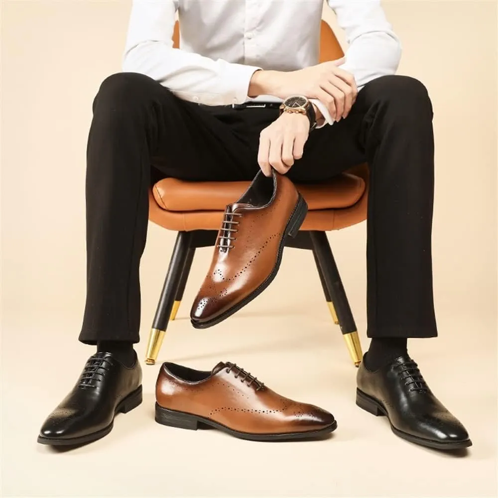 HOOENG Dress Shoes for Men Lace Up Burnished Plain Toe Brogue Embossed Leather Slip Resistant Rubber Sole Block Heel Prom