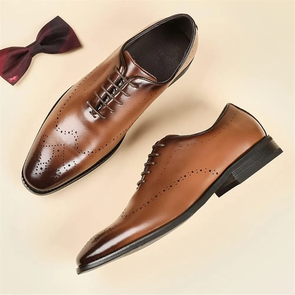 HOOENG Dress Shoes for Men Lace Up Burnished Plain Toe Brogue Embossed Leather Slip Resistant Rubber Sole Block Heel Prom