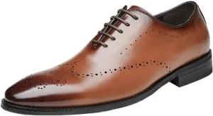 HOOENG Dress Shoes for Men Lace Up Burnished Plain Toe Brogue Embossed Leather Slip Resistant Rubber Sole Block Heel Prom