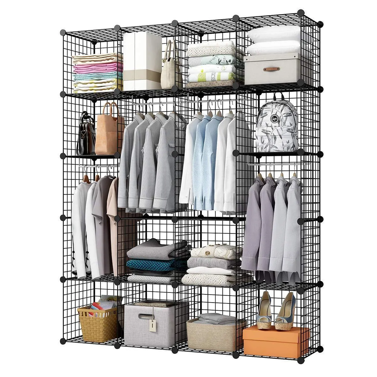 KOUSI Wire Storage Cubes Modular Metal Cubbies Organizer Customizable Metal Rack Cloths Closet Cubes Storage Shelves MultiFuncation Shelving Unit, 8 Cubes 4 Hanging Sections