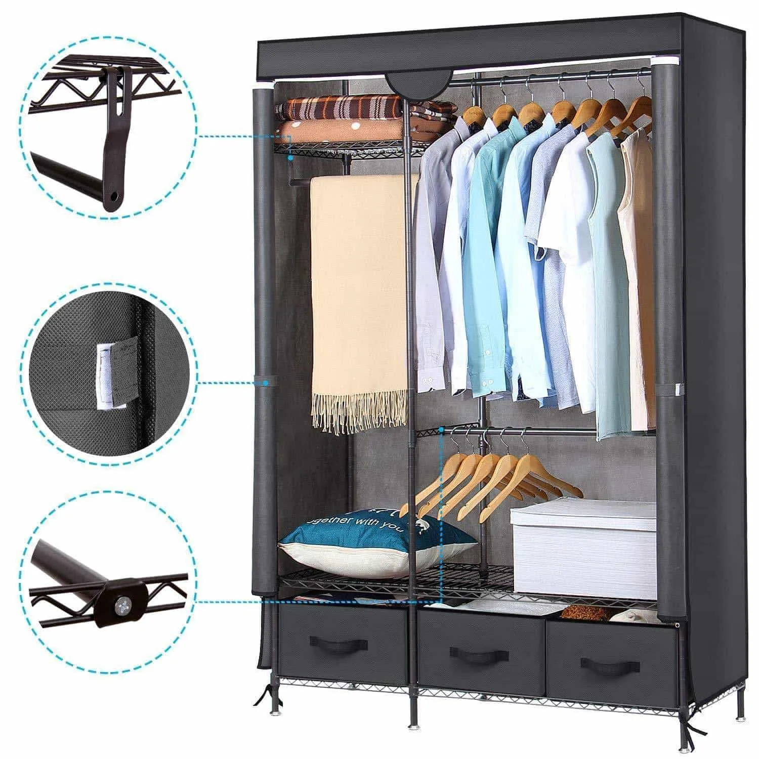 Lifewit Full Metal Closet Organizer Wardrobe Closet Portable Closet Shelves with Adjustable Legs, Non-Woven Fabric Clothes Cover and 3 Drawers, Sturdy and Durable