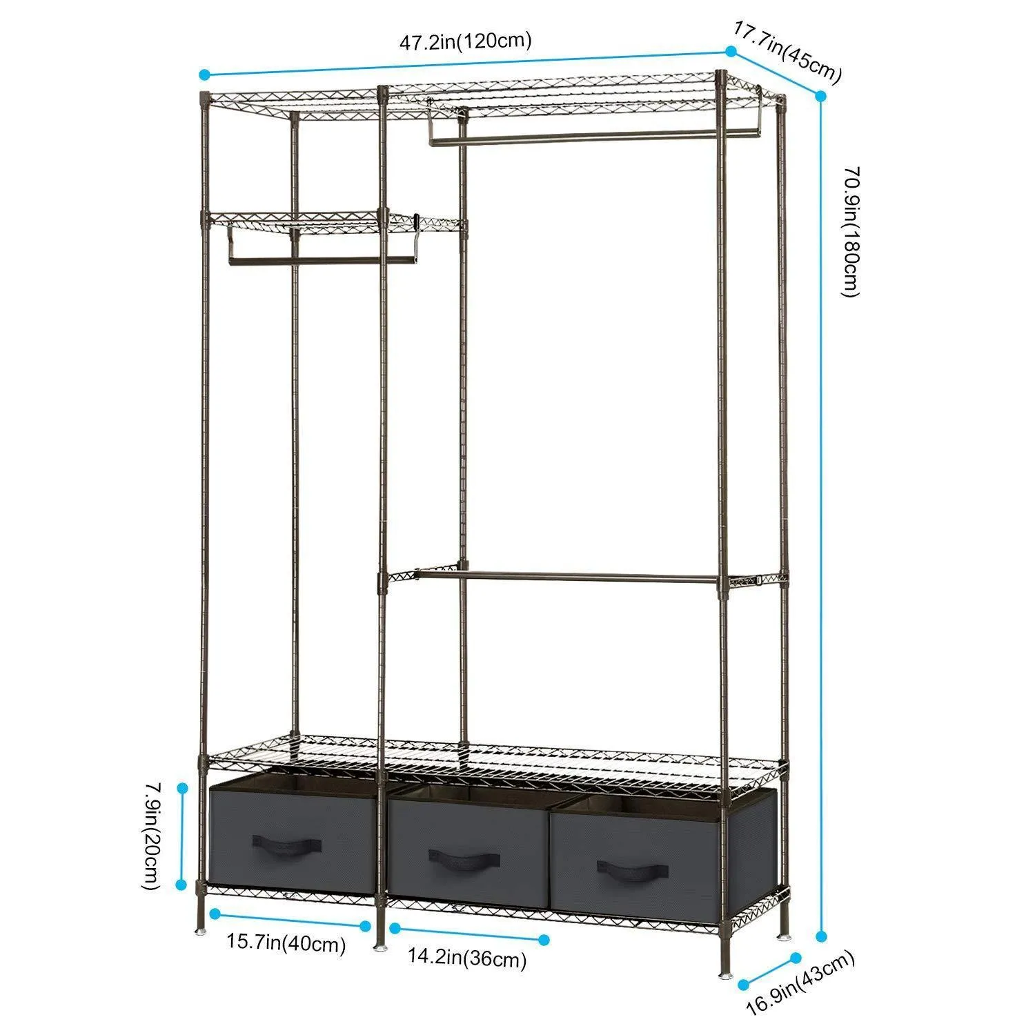 Lifewit Full Metal Closet Organizer Wardrobe Closet Portable Closet Shelves with Adjustable Legs, Non-Woven Fabric Clothes Cover and 3 Drawers, Sturdy and Durable