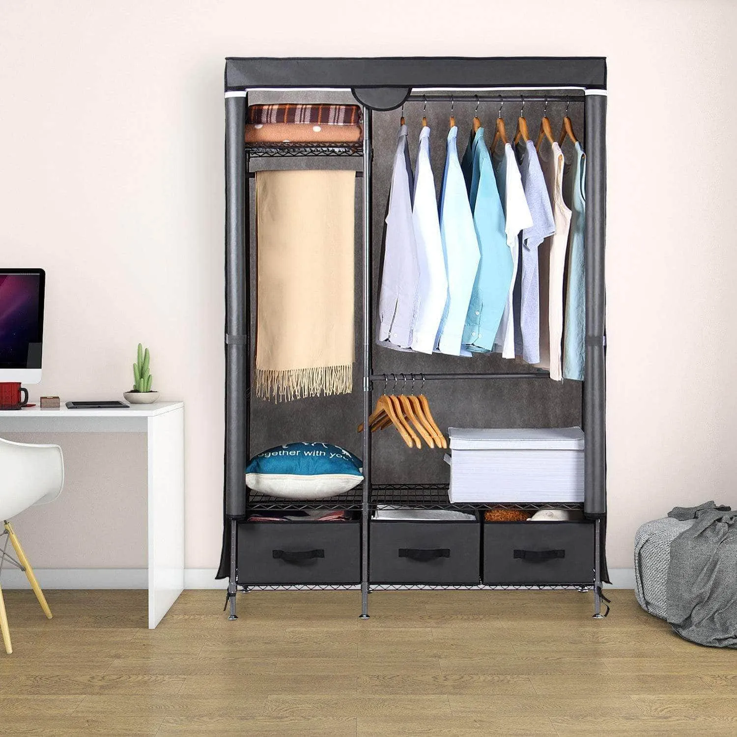Lifewit Full Metal Closet Organizer Wardrobe Closet Portable Closet Shelves with Adjustable Legs, Non-Woven Fabric Clothes Cover and 3 Drawers, Sturdy and Durable