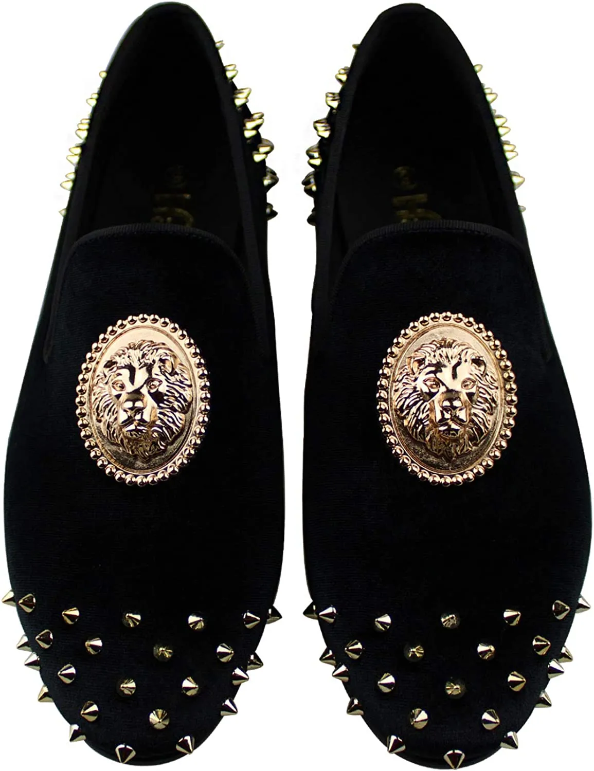 Lion Emblem Black Velvet Men's Spike Dress Loafers